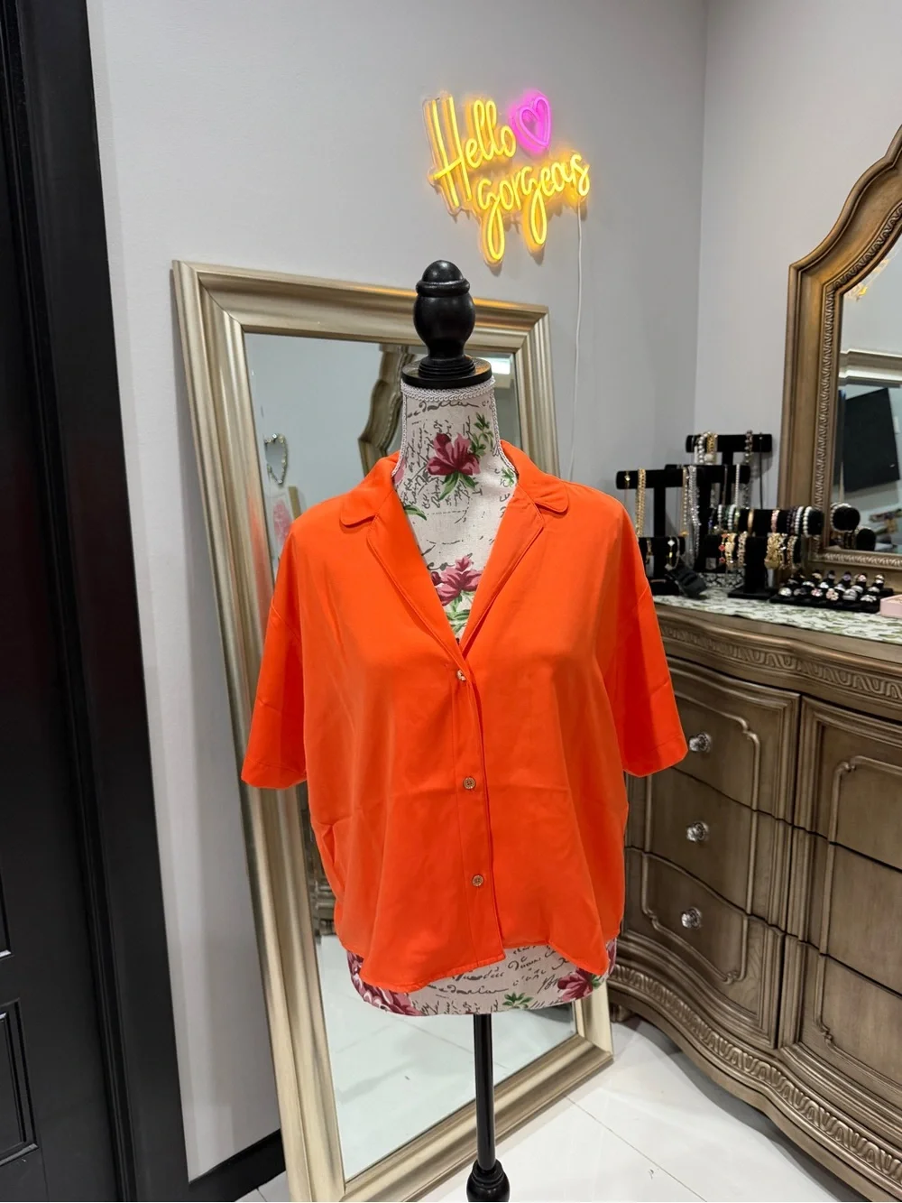 Michael Kors Vibrant Orange Short-Sleeve Button-Down Blouse